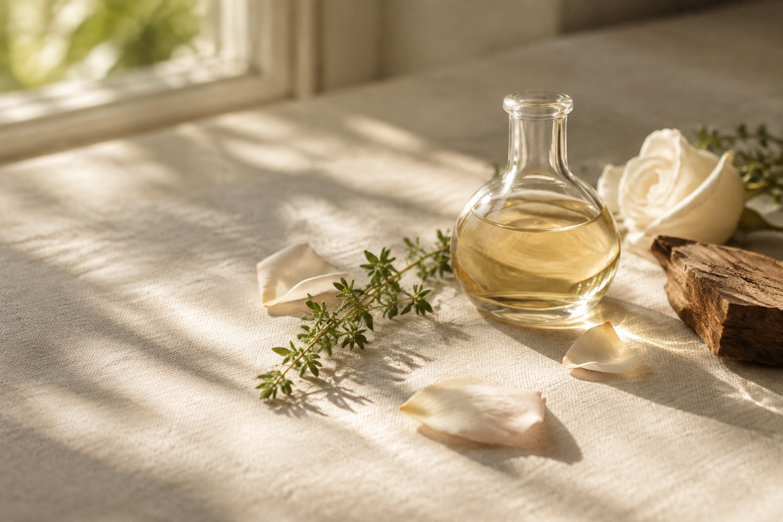 Golden botanical oil in a glass vessel with cream rose petals, fresh herbs, and wood on sunlit ivory linen.