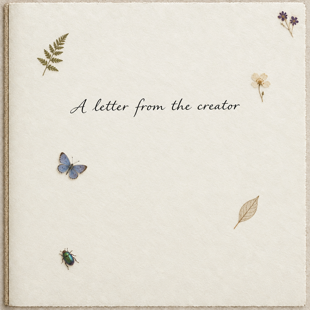 A letter from the creator on ivory paper with pressed botanicals, a blue butterfly, and a scarab beetle.