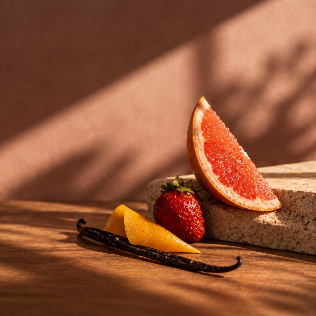 Amai editorial fragrance photograph with pink grapefruit, strawberry, mango, and vanilla