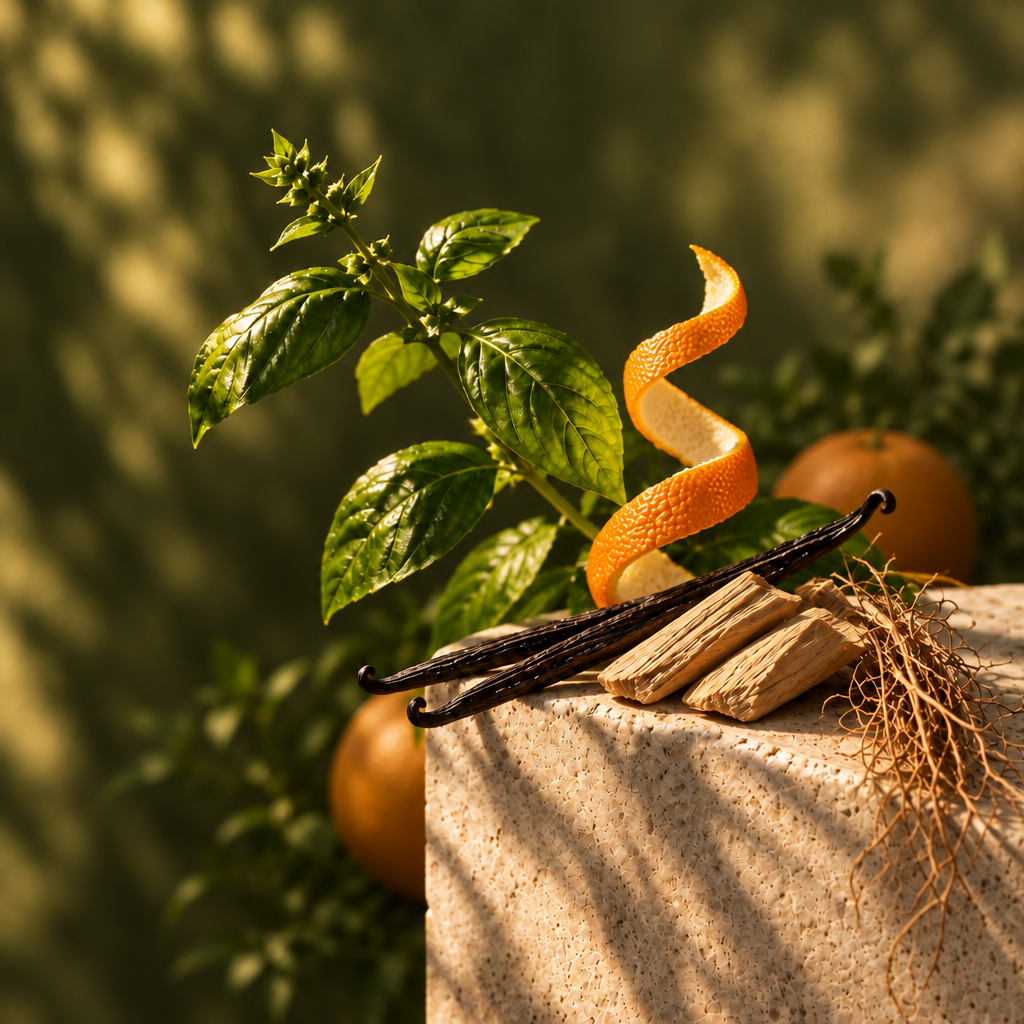 Botanical still life with an orange peel swirl on the stone pedestal