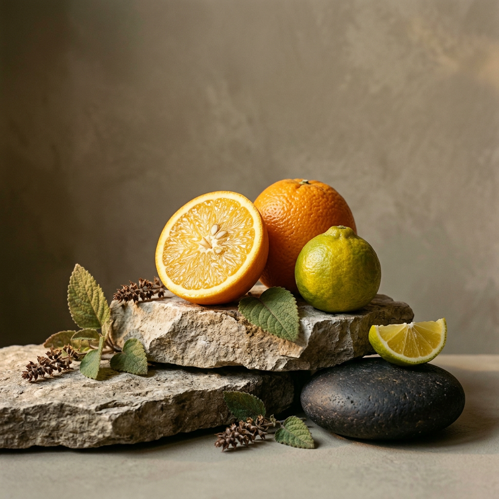 Fruity Patchouli editorial with orange, bergamot, and patchouli in a lighter stone setting