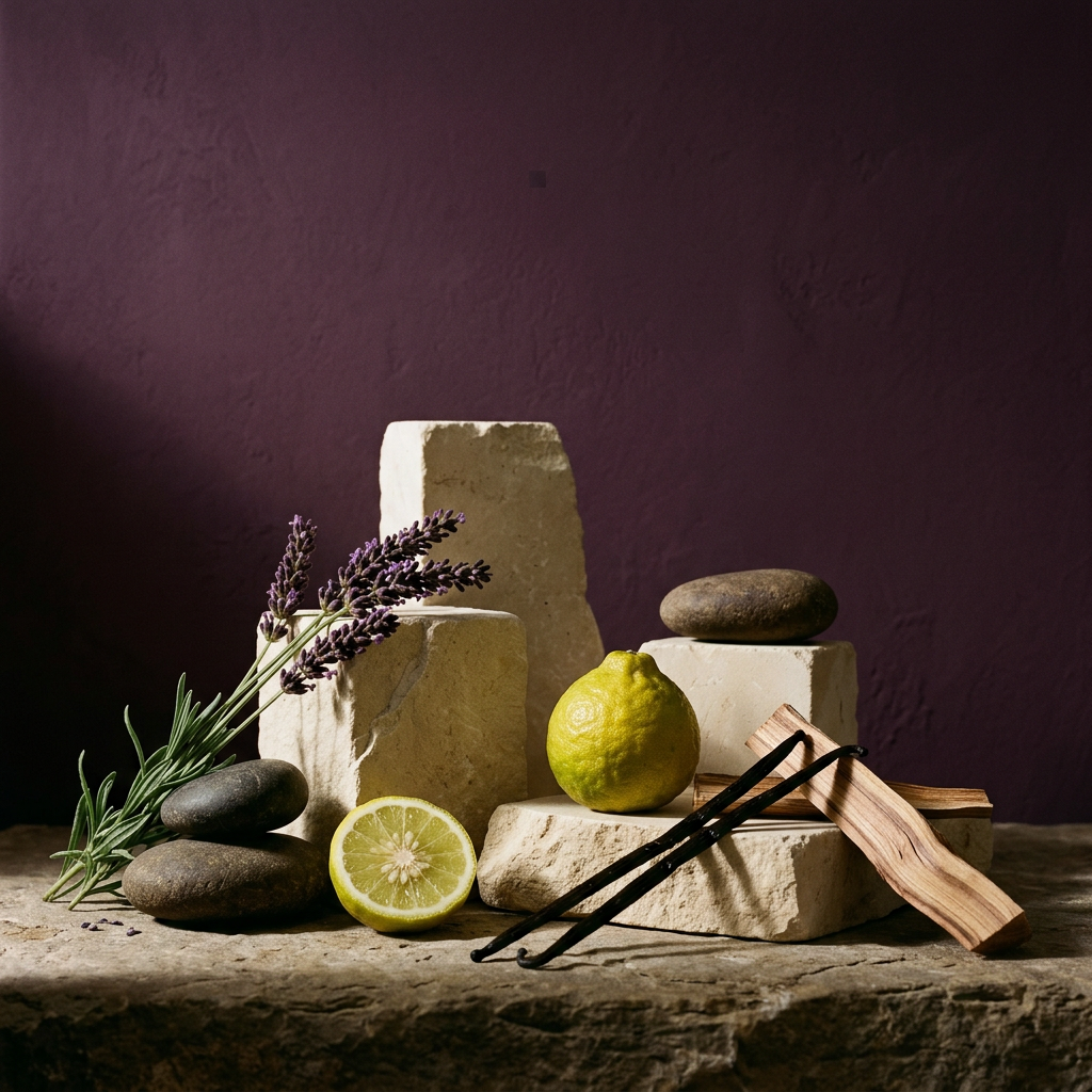 Moody Sanai editorial with lavender, bergamot, vanilla, and cedarwood on pale limestone against a deep purple wall