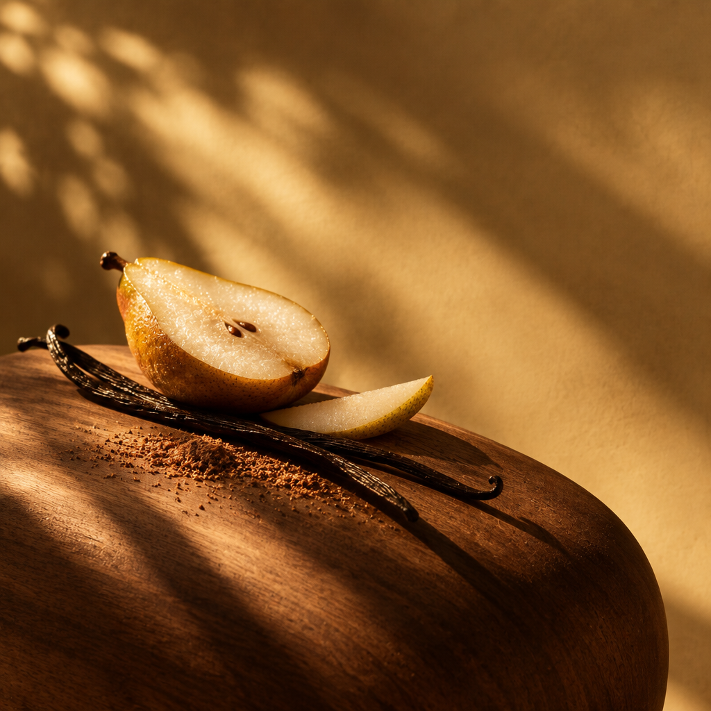 Pera Spice editorial fragrance photograph with ripe pear, vanilla, and warm wood