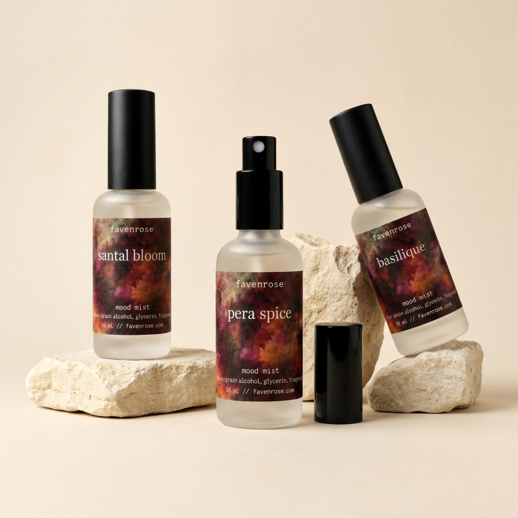 Mood Mists arranged on pale natural rocks against warm ivory