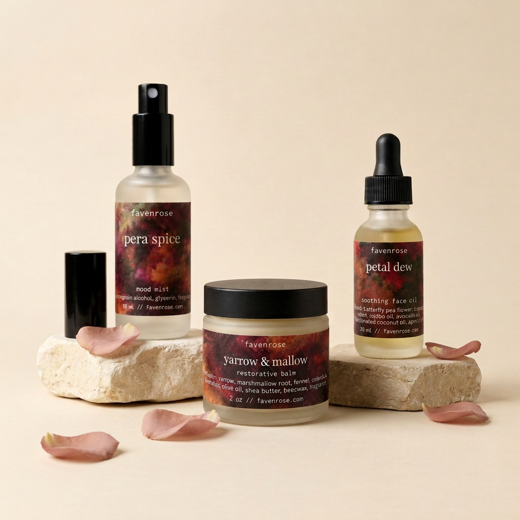 Faven Faves on warm ivory stones with subtle rose petals