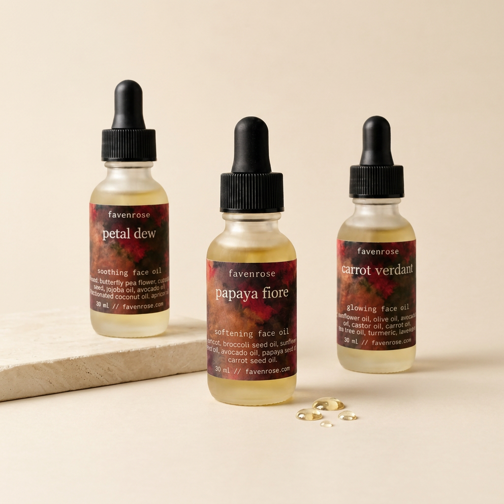 Three Favenrose face oils on warm ivory with golden oil drops