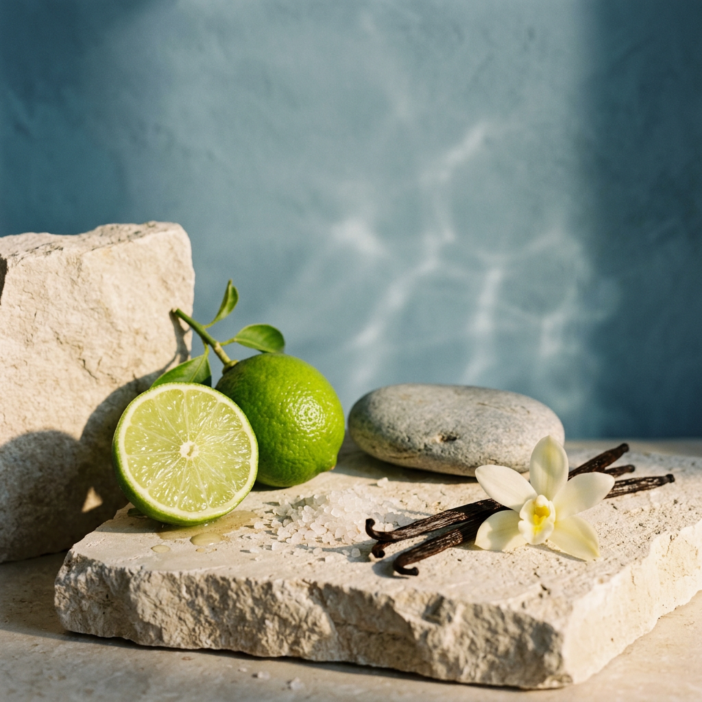 Salt and Serenade editorial with lime, sea salt, and vanilla against a coastal blue wall