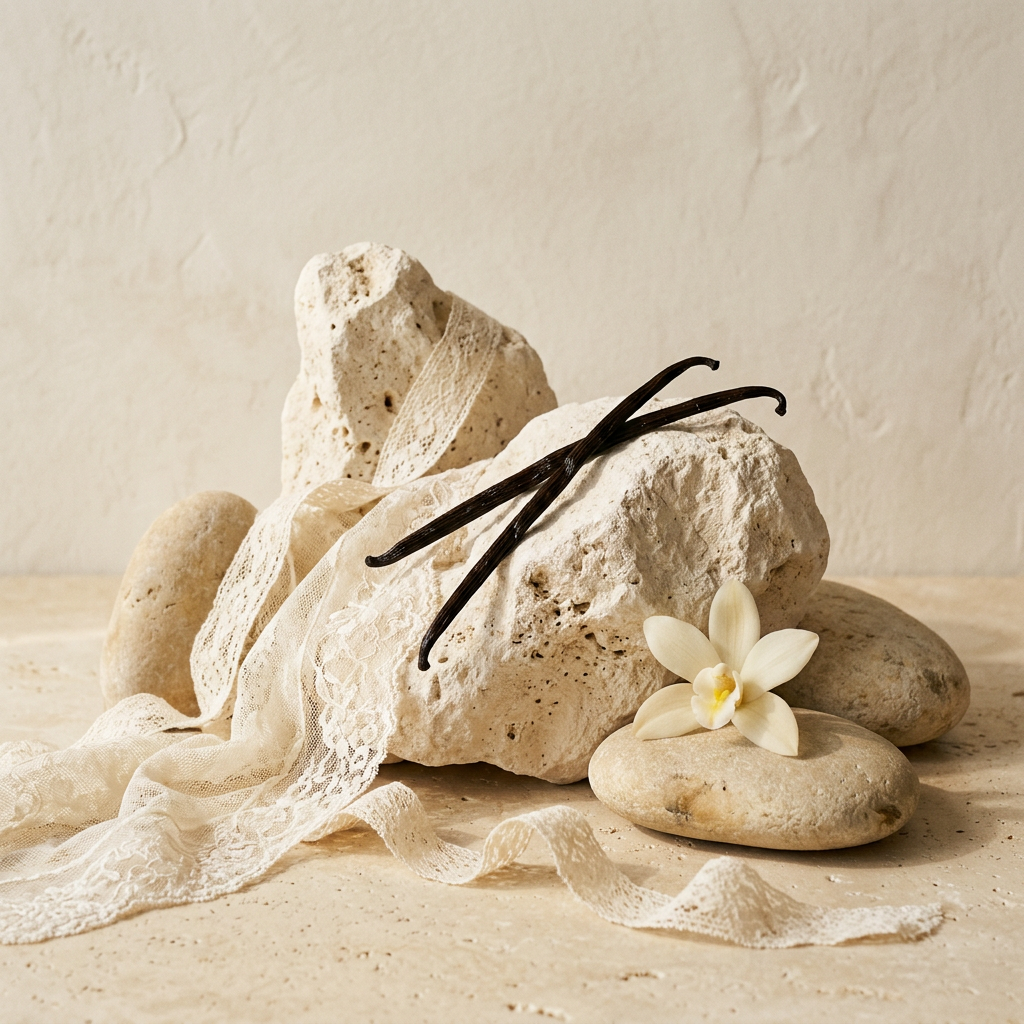 Vanilla Lace editorial with creamy ivory lace, vanilla pods, and sculptural limestone