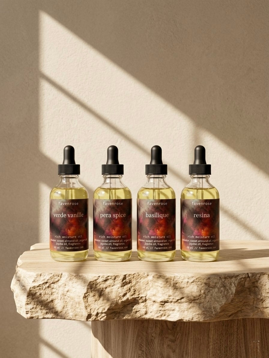 Four glass dropper bottles of Evocative Cosmetics fragrance oils lined up on a rustic stone slab, set against a textured beige wall with warm sunlight casting diagonal shadows.
