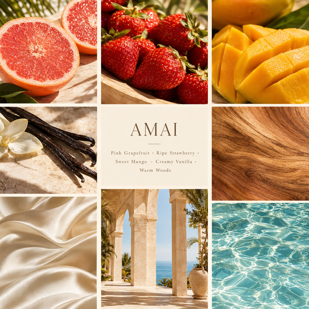 Amai luxury photo collage with warm ivory caption panel
