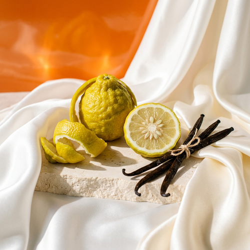 Ambrosia editorial with bergamot, vanilla pods, and cream-white satin in bright orange light