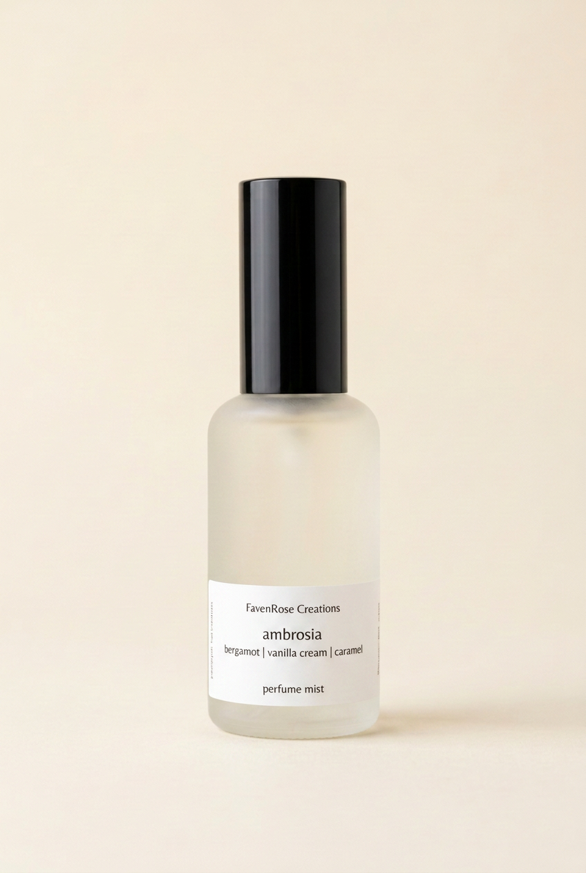 Ambrosia mist with a white label on a warm ivory background