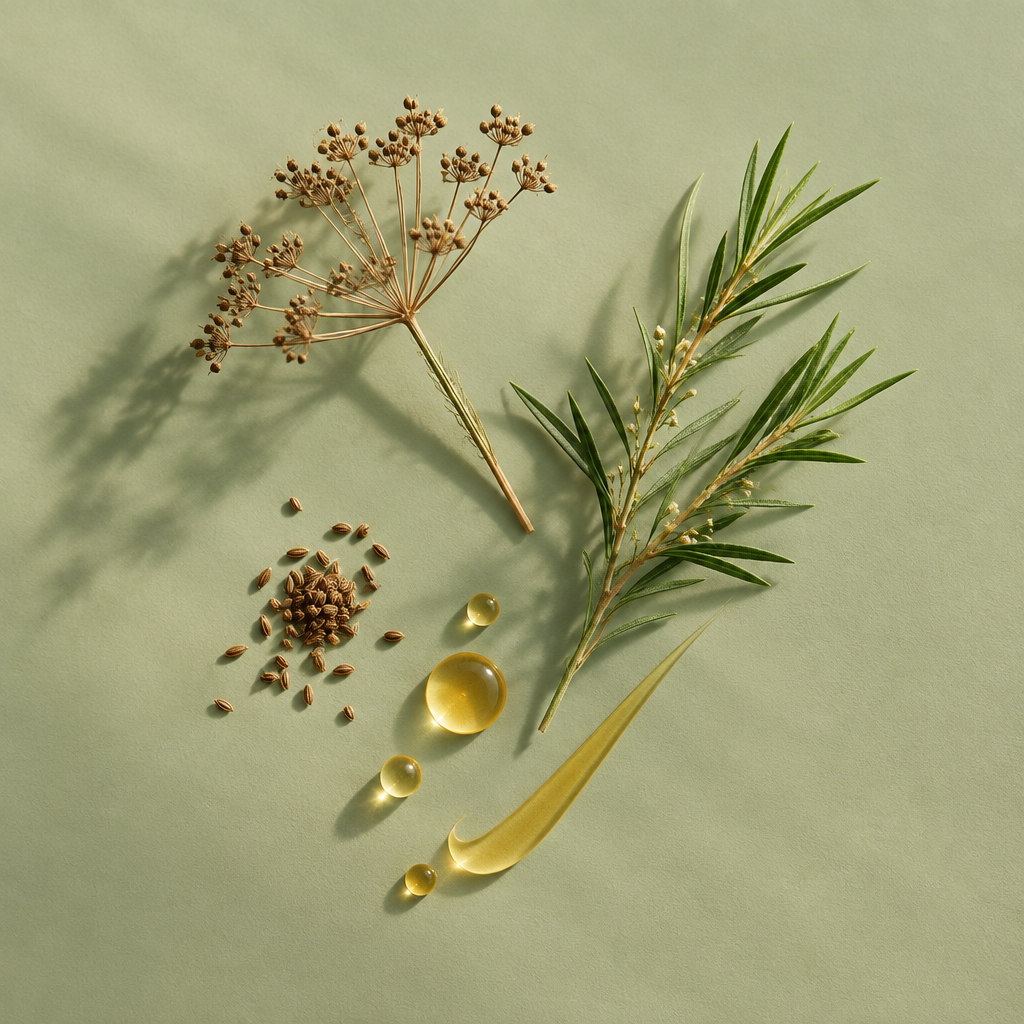 Carrot Verdant editorial photograph featuring carrot seeds and tea tree on pale sage green