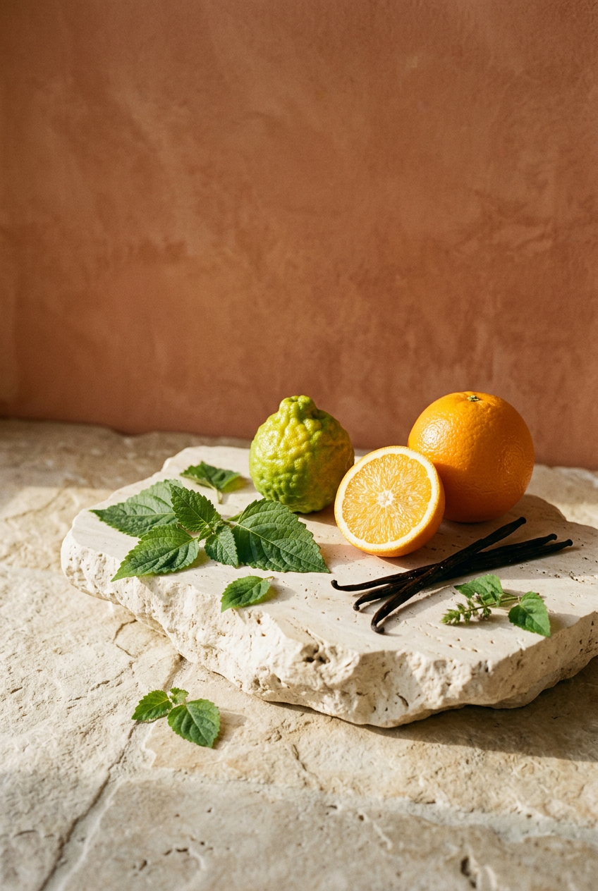 Fruity Patchouli editorial with citrus, patchouli leaves, and vanilla on natural stone against a warm orange wall