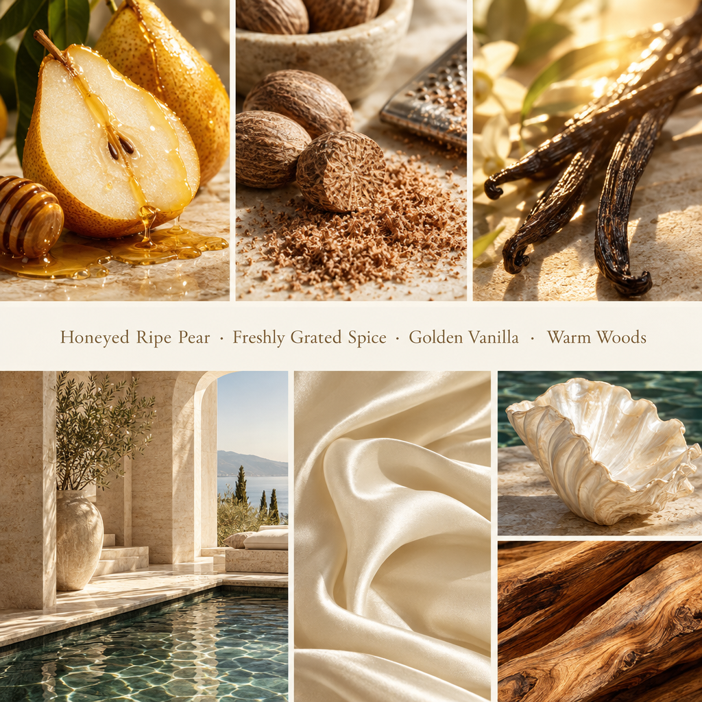Honeyed pear, spice, vanilla, and warm woods luxury photo collage