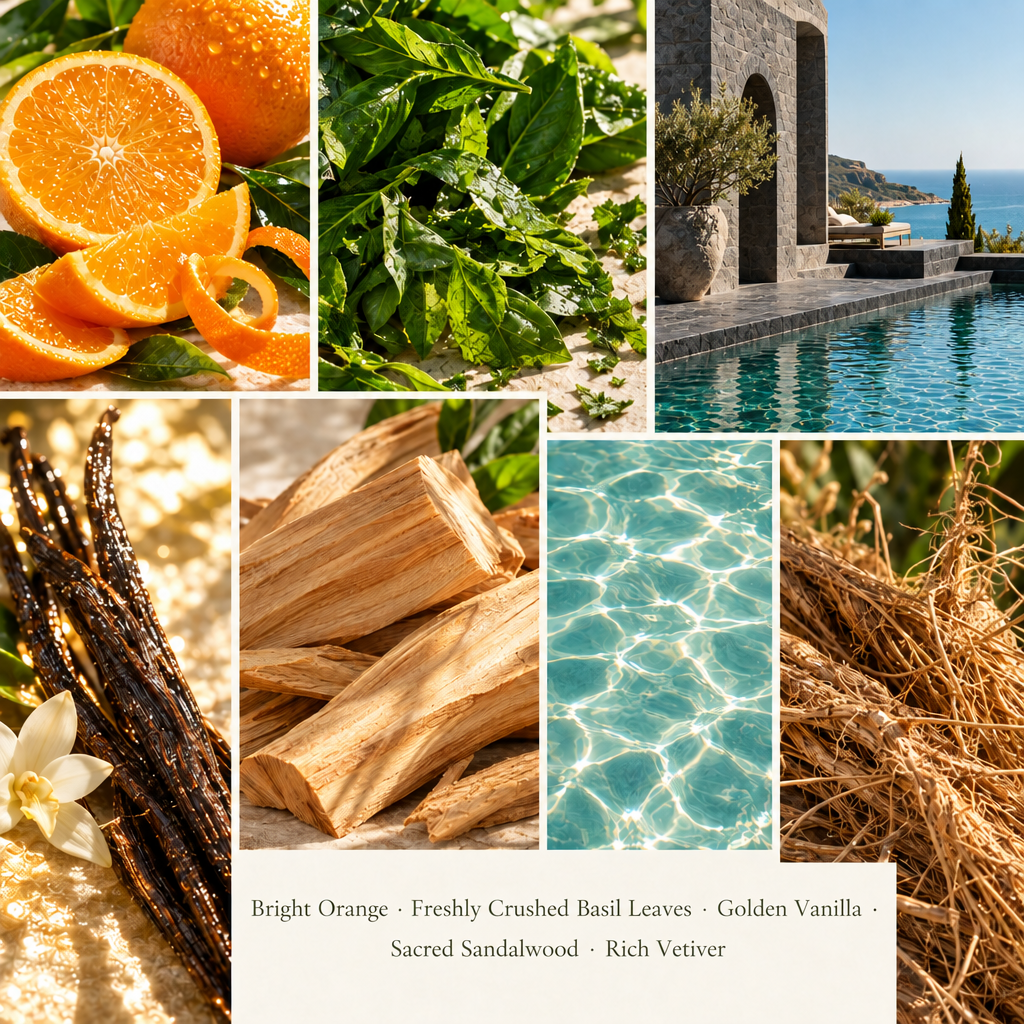 Luxury fragrance collage with a darker stone pool in the top-right panel