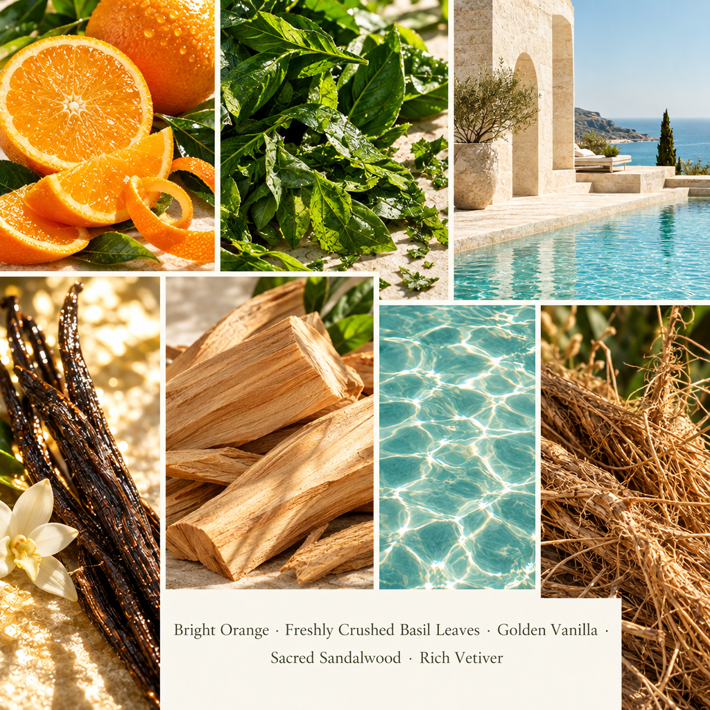 Luxury photo collage featuring orange, crushed basil, vanilla, sandalwood, and vetiver