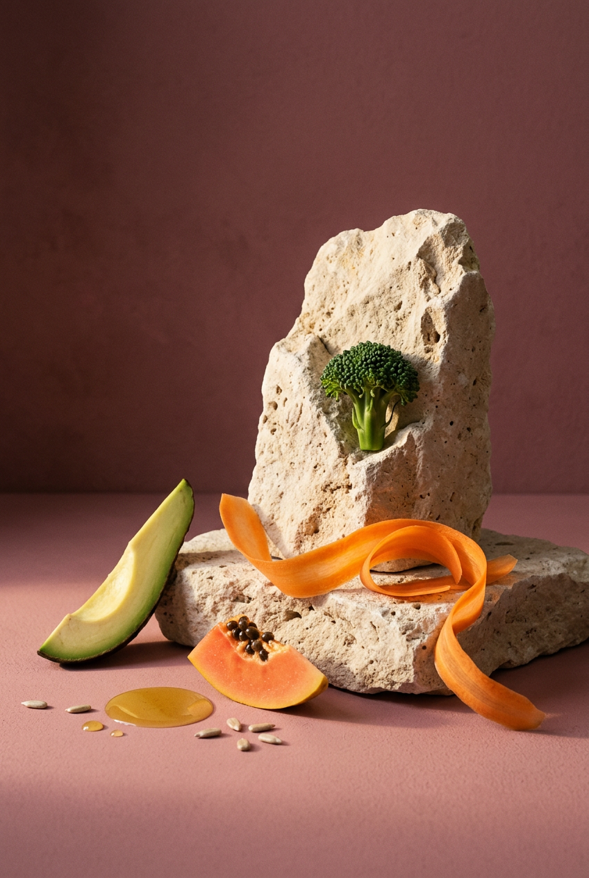 Moody pink botanical still life with limestone, carrot ribbons, papaya, broccoli, avocado, sunflower seeds and golden oil