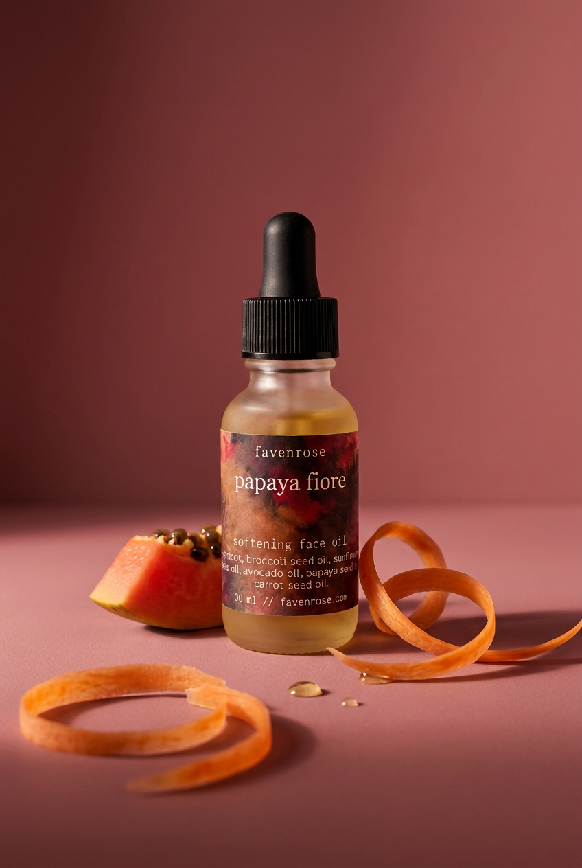 Papaya Fiore editorial photograph with a moody pink background and curled carrot ribbons