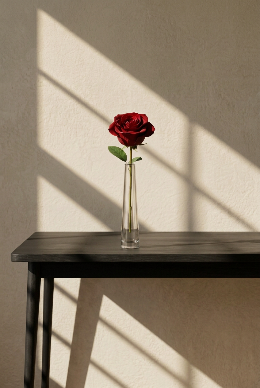 Red rose in a slim glass vase on a matte-black desk in warm sunlight