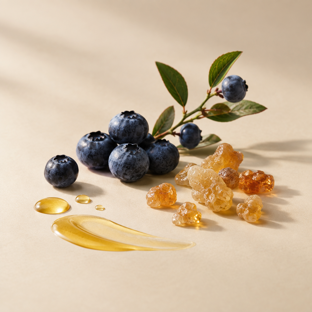 Resin & Berry editorial ingredient photograph with bilberries and frankincense