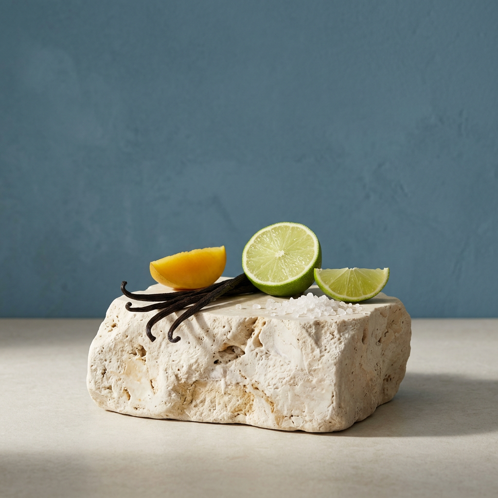 Salt & Serenade scent notes arranged on indoor limestone rock against a coastal-blue wall