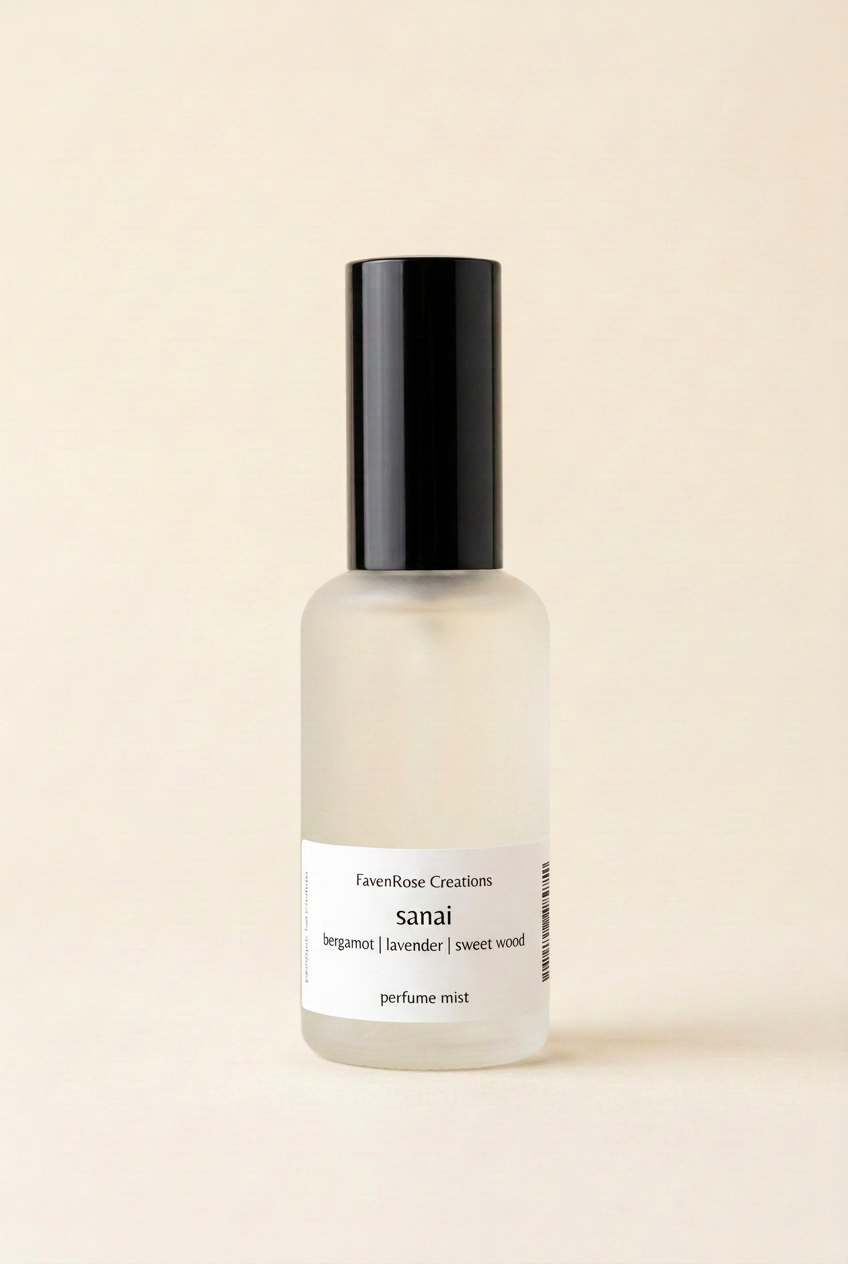 Sanai mist with a white label on a warm ivory studio background