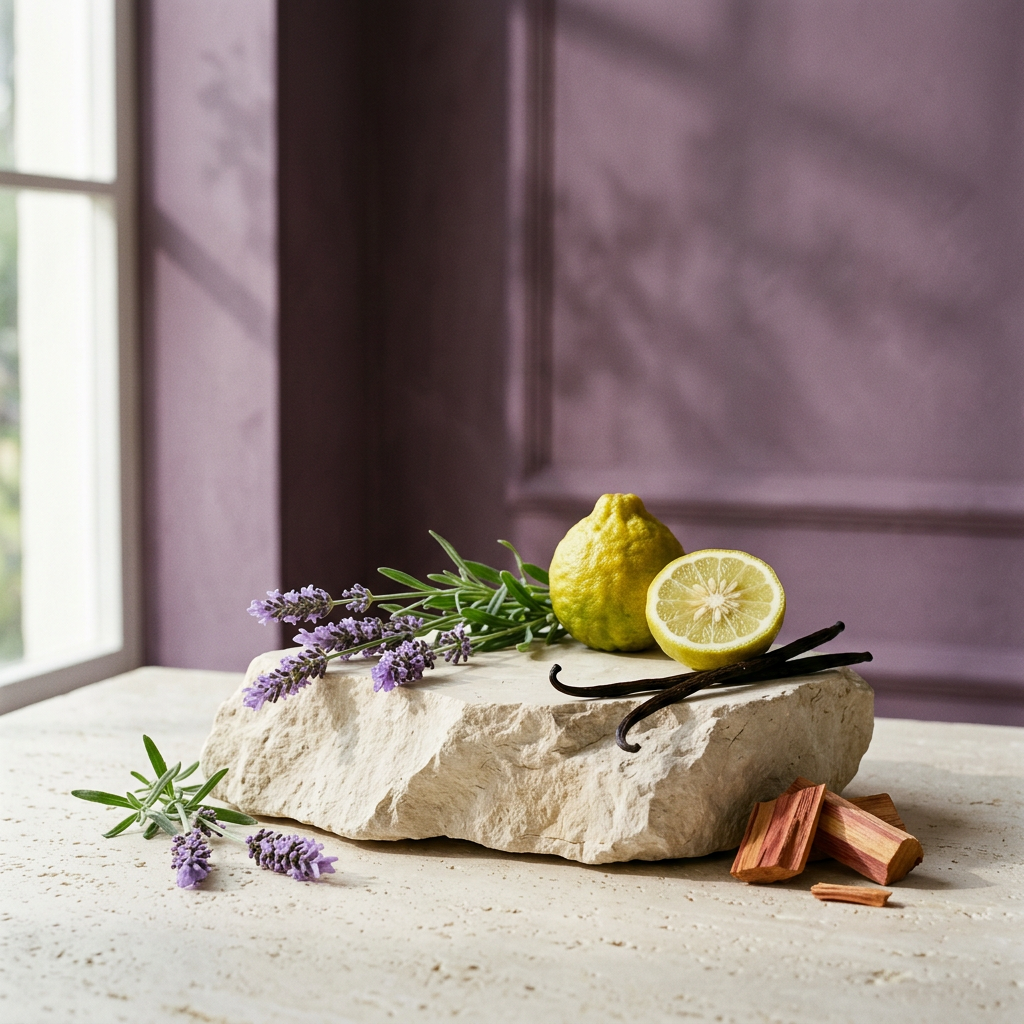 Sanai scent editorial with lavender, bergamot, vanilla, and cedarwood on limestone against a purple wall