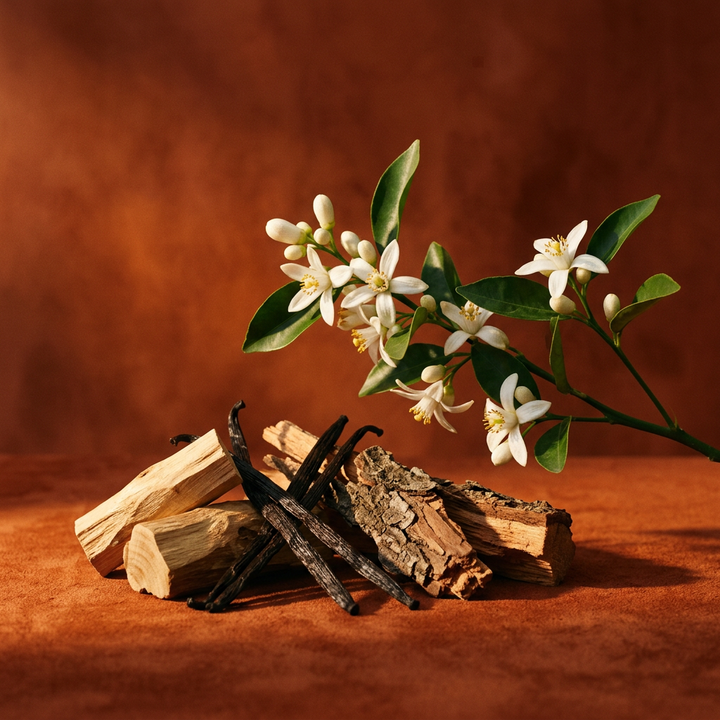 Santal Bloom editorial with scent botanicals against a moody burnt-orange background