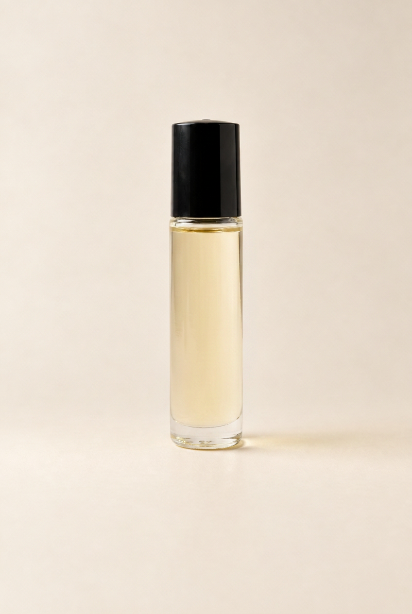 A clear cylindrical glass roller bottle filled with pale yellow liquid, topped with a black cap, centered on a warm beige background.