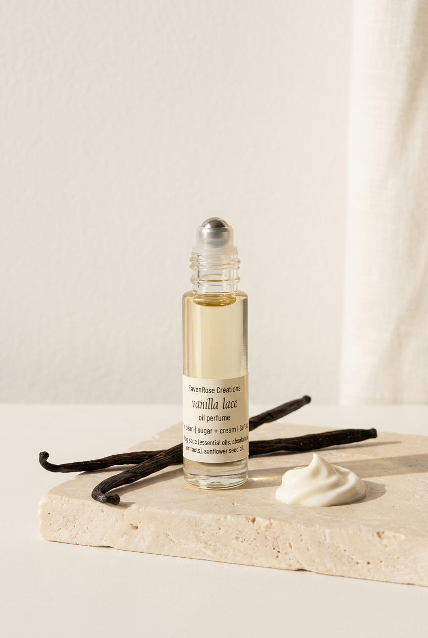 Vanilla Lace editorial photo with vanilla pods, cream, and soft ivory styling