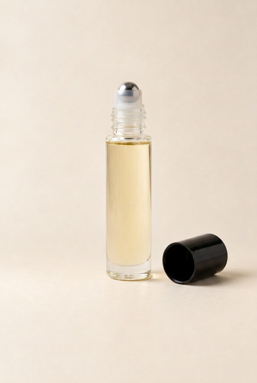 Vanilla Lace pulse oil with exposed stainless steel roller and black cap lying diagonally in the foreground