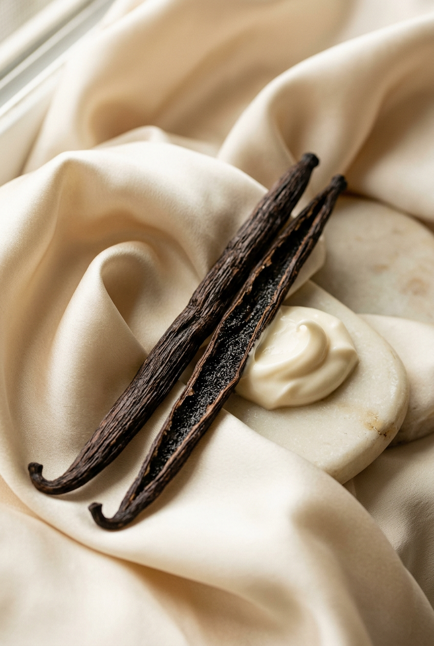 Vanilla pods and cream nestled in warm ivory silk