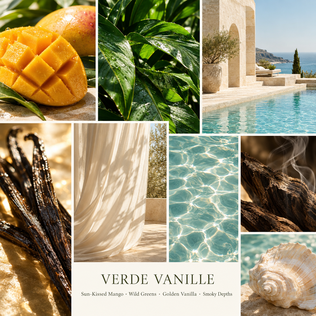 Verde Vanille realistic luxury photo collage with key notes and natural lifestyle imagery