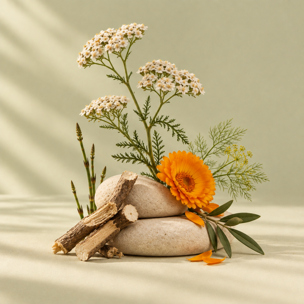 Yarrow and Mallow botanical editorial on pale buttery sage